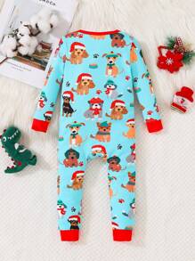 Baby Boy Cute Christmas Dog All Over Print Long Sleeve Zipper Front Snug Fit Pajama Jumpsuit - Multicolor - View 2