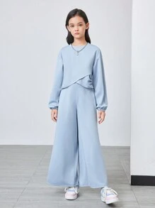 2pcs/Set Tween Girl Casual Criss-Cross Hem Long Sleeve T-Shirt And Loose Pants Outfit, School Style - Multicolor - View 1