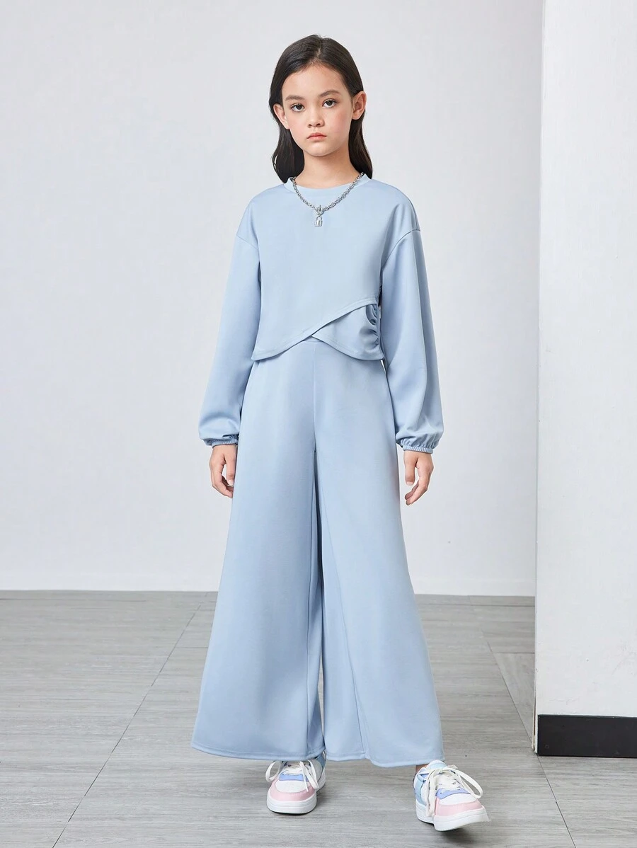 2pcs/Set Tween Girl Casual Criss-Cross Hem Long Sleeve T-Shirt And Loose Pants Outfit, School Style - Multicolor - View 1