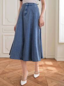 DAZY 女士长款拉链前开襟休闲牛仔A字裙 - 中等水洗藍 - 查看 3