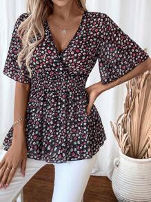 SHEIN LUNE 优雅 V 领碎花褶饰腰部衬衫荷叶边上衣