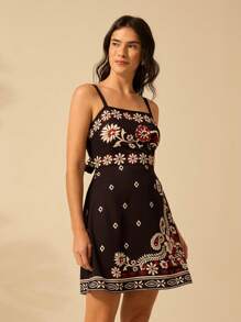 CAJUNI Vestido corto de verano casual de vacaciones bohemio para mujeres con estampado tropical, azalea, girasol en negro sin tirantes