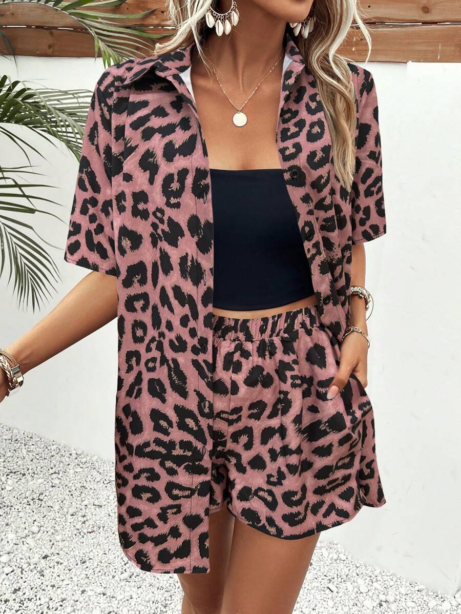 EMERY ROSE Bộ 2 chiếc áo cardigan ngắn tay và quần short lưng thun in họa tiết da báo cho nữ - Bụi hồng - Xem 1