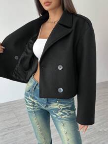 Flirla Women's Turn-Down Collar Long Sleeve Button Elegant Black Short Jacket - Black - View 1