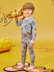 TOM & JERRY X SHEIN Young Boy Cartoon Allover Print Snug Fit Sleepwear Set - Long Sleeve Top & Pants