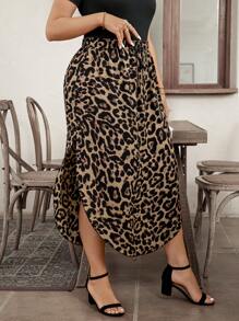 SHEIN LUNE Plus Size Drawstring Waist Leopard Print Slit Hem Chic Flared Skirt