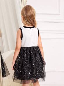 SHEIN Nuevo vestido elegante y lindo de doble capa de malla con lámina de plata sin mangas para fiestas de niñas jóvenes, otoño/invierno - Blanco y Negro - Ver 2
