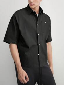 AKNOTIC Business Casual 棉质男士宽松休闲编织短袖衬衫，适合夏季日常穿着 - 黑色 - 查看 9