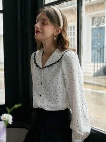 Simple Retro Ladies' Collared Polka Dot Casual Shirt - White - View 8