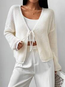 SHEIN LUNE Áo Cardigan buộc nơ phía trước dạng rộng trong suốt dành cho nữ, áo dài tay - trắng - Xem 3