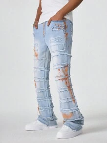Manfinity EMRG Pantalones vaqueros de campana desgastados de color azul claro desteñido para hombre