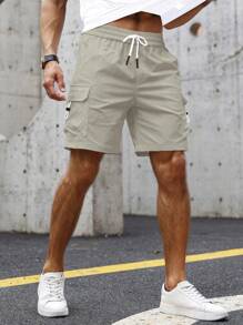 Manfinity Homme Men Flap Pocket Side Drawstring Waist Shorts, Men's Casual Short, Streetwear Men Shorts - Beige - View 4