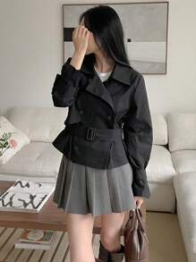 DAZY 女士纯色双排扣长袖休闲风衣女夹克，秋季女装