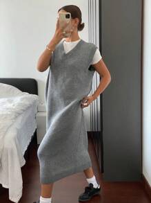 DAZY Women's Solid Color V-Neck Sleeveless Sweater Dress Fall,Winter - Grey - View 7