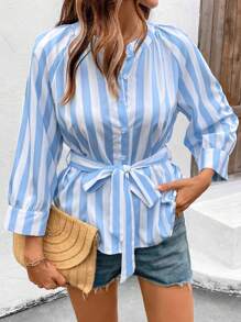 SHEIN LUNE Women Striped Print Long Sleeve Tie Front Blouse - Blue - View 6