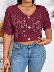 Calvaya Plus Size Casual Solid Color Hollow-Out Knitted Short Sleeve Cropped Cardigan For Summer - Burgundy - View 6