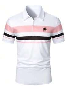 Manfinity Mode 男士短袖Polo衫，休闲夏季商务拼色印花精致骑行刺绣标志短袖领Polo衫，老公出门穿