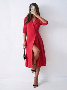 SHEIN Tall Vestido de traje elegante midi con cintura ajustada, cuello rojo y vuelta para dama de estatura alta - Rojo - Ver 4