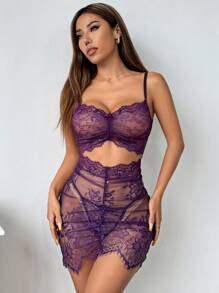 Spicy Aura 2 件套女士蕾丝无钢圈文胸吊带裙和丁字裤内衣套装外出 - 紫色 - 查看 5