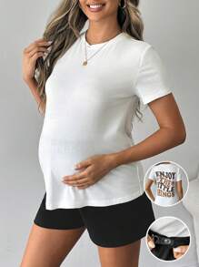 SHEIN 2pcs Maternity Summer Casual White Graphic T-Shirt And Adjustable Waist Loose Pants Outfit For Pregnant Women - White - View 1