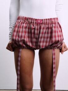 TypaGal Pantalones cortos tipo bloomers con estampado de cuadros vichy y etiqueta con letrero, estilo vintage para primavera y verano, nueva temporada - Rojo y blanco - Ver 1