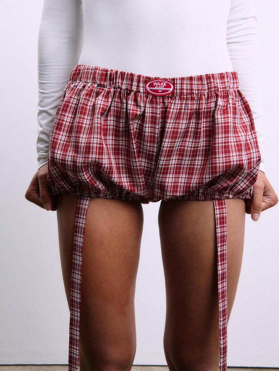 TypaGal Pantalones cortos tipo bloomers con estampado de cuadros vichy y etiqueta con letrero, estilo vintage para primavera y verano, nueva temporada - Rojo y blanco - Ver 1