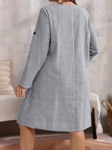EMERY ROSE Plus Size Round Neck Long Sleeve Cuffed Striped Casual Loose Soft Fashion Fall Dress - Multicolor - View 4
