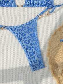 Swim Vcay 女士夏季海滩豹纹吊带性感比基尼两件套泳衣 - 藍色 - 查看 3
