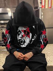 Manfinity Roghcode 男士深色街頭塗鴉印花連帽衛衣，黑紅配色秋季街頭風，萬聖節黑色哥德風恐怖圖案男友禮物 - 黑色 - 查看 5