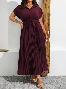 Flirla Plus Size Solid Color Ruched Waist Tied Short Sleeve Dress For Summer Maxi Women Outfit - Maroon - View 3