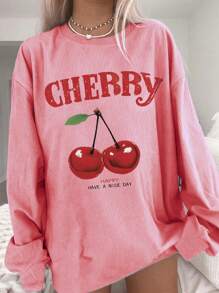 INAWLY Plus Size Round Neck Cherry Blossom Letter Print Long Sleeve Loose Fashionable T-Shirt Graphic Tees Women Tops For Spring Outfit Fall Cloth For Women