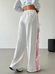 SHEIN EZwear Women's Elastic Waist Contrast Color Straight Leg Casual White Sweatpants With Bow Tie Graduation,Back To School Outfits,Graduation,Teacher Outfits For Women,Back To School