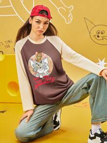 TOM & JERRY X SHEIN 女士休闲复古卡通猫与字母印花撞色插肩袖 T 恤 - 卡其色 - 查看 4