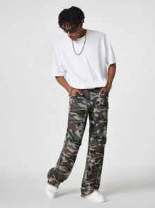 PAVTROS 男士迷彩牛仔紧身喇叭牛仔裤修身破洞工装牛仔裤，适合送给老公、男朋友的礼物 - 軍綠色 - 查看 5