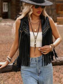 SHEIN VCAY Women's Solid Color Sleeveless Fringed Jacket,Fall Women Clothes - Black - View 4