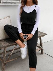 SHEIN LUNE Women'S Solid Color Strap Jumpsuit - Black - View 1