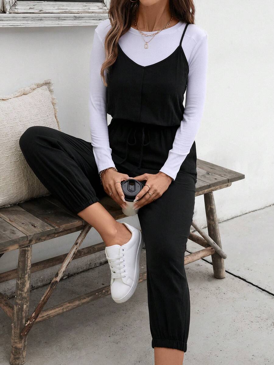 SHEIN LUNE Women'S Solid Color Strap Jumpsuit - Black - View 1