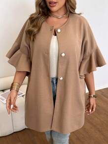 Flirla Plus Size Solid Color Ruffle Sleeve, Pearl Decor Button Coat, Autumn Winter - Khaki - View 4