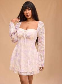 Forever 21 大码女式蕾丝花卉印花浪漫约会夜喇叭袖连衣裙 - 彩色 - 查看 11