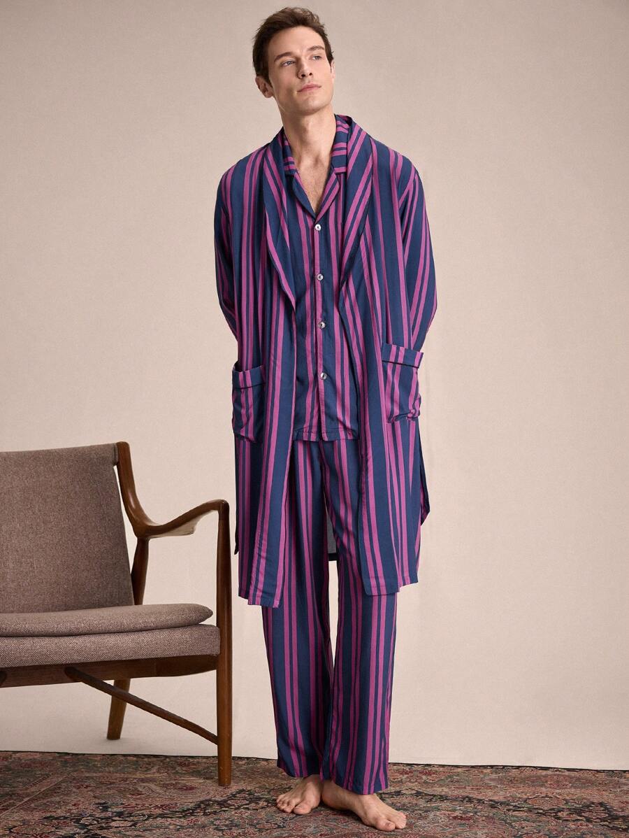 EverLounge Men's Striped Print Pocketed Front Button Belted Long Sleeve Robe - Multicolor - View 1