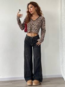 SHEIN EZwear Lightweight Fashionable Loose Leopard Print Knit Cover Up, Spring Summer - Multicolor - View 4