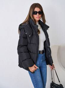 SHEIN Tall Tall Ladies Zip Up Hooded Puffer Coat - Black - View 4