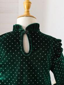 SHEIN 女童优雅天鹅绒水钻装饰绿色派对连衣裙，适合节日场合 - 黃色 - 查看 3