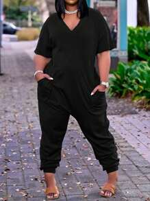 SHEIN Plus Size Women's Solid Color Simple Casual Short Sleeve Jumpsuit - Black - View 1