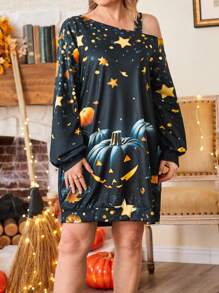 大码不对称领口星星和南瓜印花万圣节连衣裙 - 彩色 - 查看 4