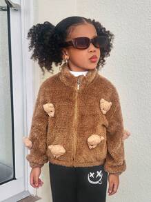SHEIN Explorewe Chaqueta con cremallera y material suave para niñas jóvenes, diseño de oso marrón, cálida y cómoda para uso casual, al aire libre, uso diario y la escuela en invierno - Marrón - Ver 6
