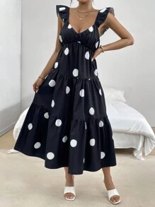 SHEIN Essnce 宽松波点蝴蝶袖中长款细肩带连衣裙，藏青色V领波点细肩带连衣裙，适合夏春两季，女装