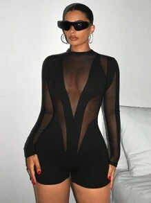 SHEIN ICON Mesh Hollow Out Tight Y2K  Going Out Fall Black Long Sleeve Mesh Splice Sheer Women Leggings Jumpsuit - Black - View 2