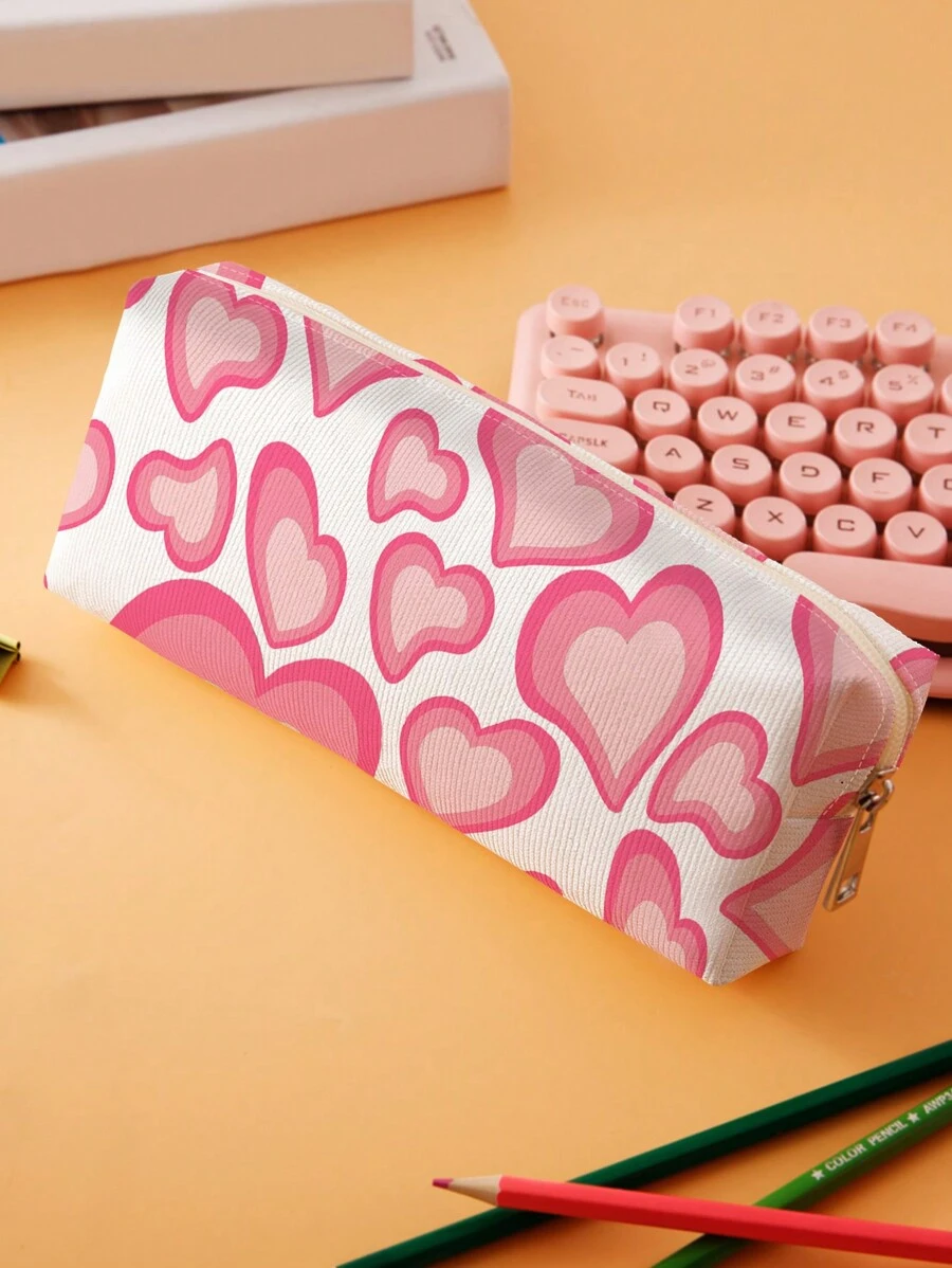 1pc Heart Pattern Pencil Bag,Back To School,School Supplies - Multicolor - View 1
