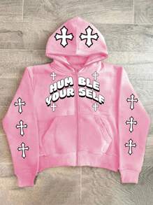 Manfinity EMRG Áo thun nam in chữ Zip Up có mũ trùm đầu - Hồng - Xem 1